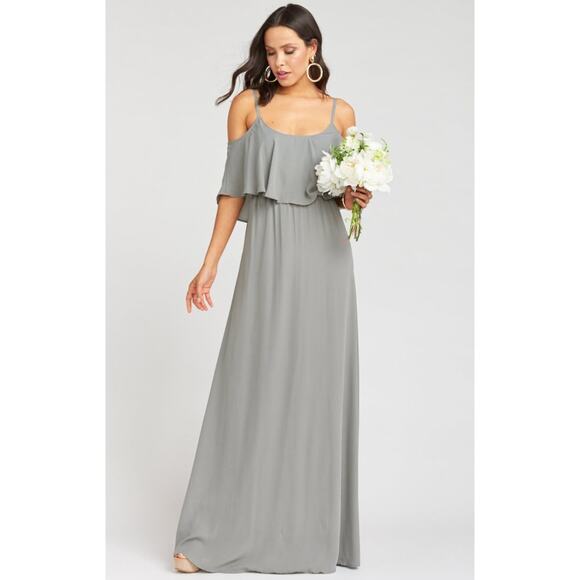 Show Me Your Mumu Caitlin Ruffle Maxi Dress Cold Shoulder Charcoal Crisp Small - Picture 2 of 7